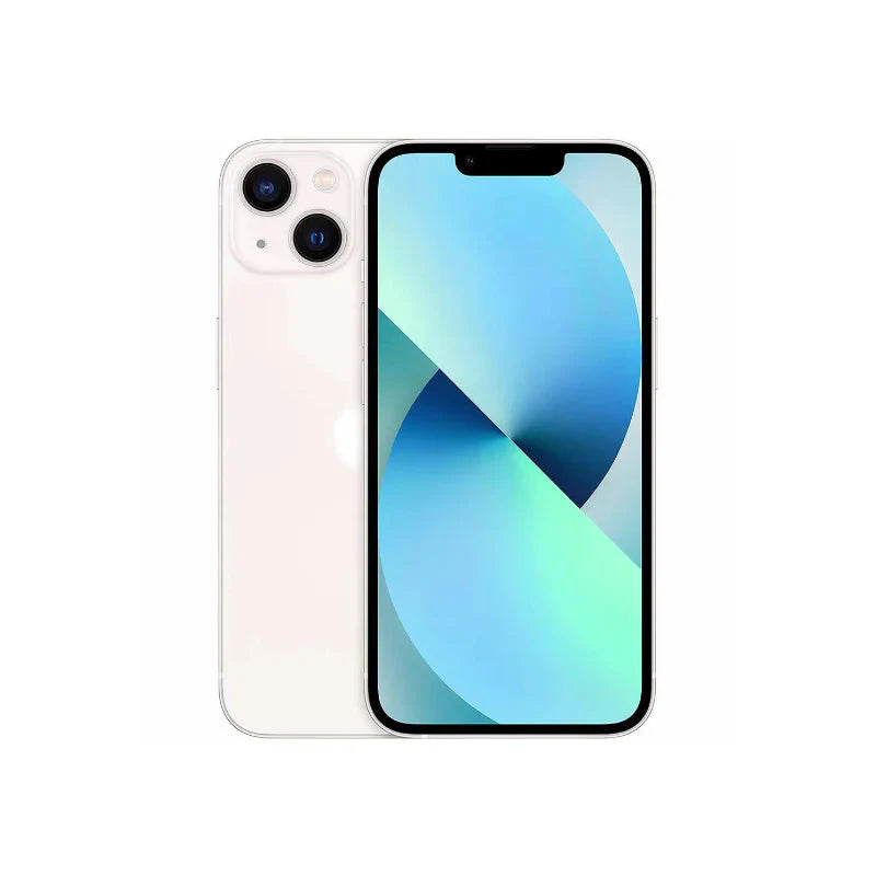 iPhone 13 in Starlight color showing front screen and dual rear cameras