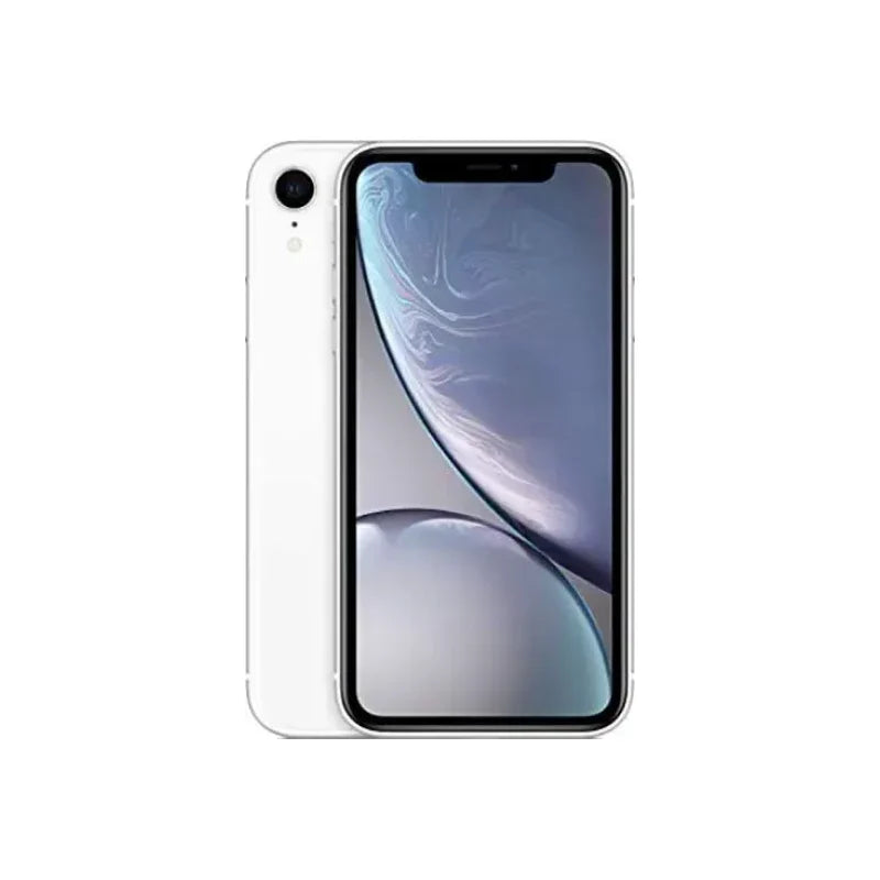 White Apple iPhone XR featuring Liquid Retina display and single rear camera – front and back view