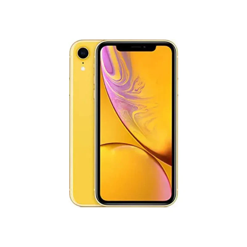 Yellow Apple iPhone XR with Liquid Retina display and single rear camera – front and back view

